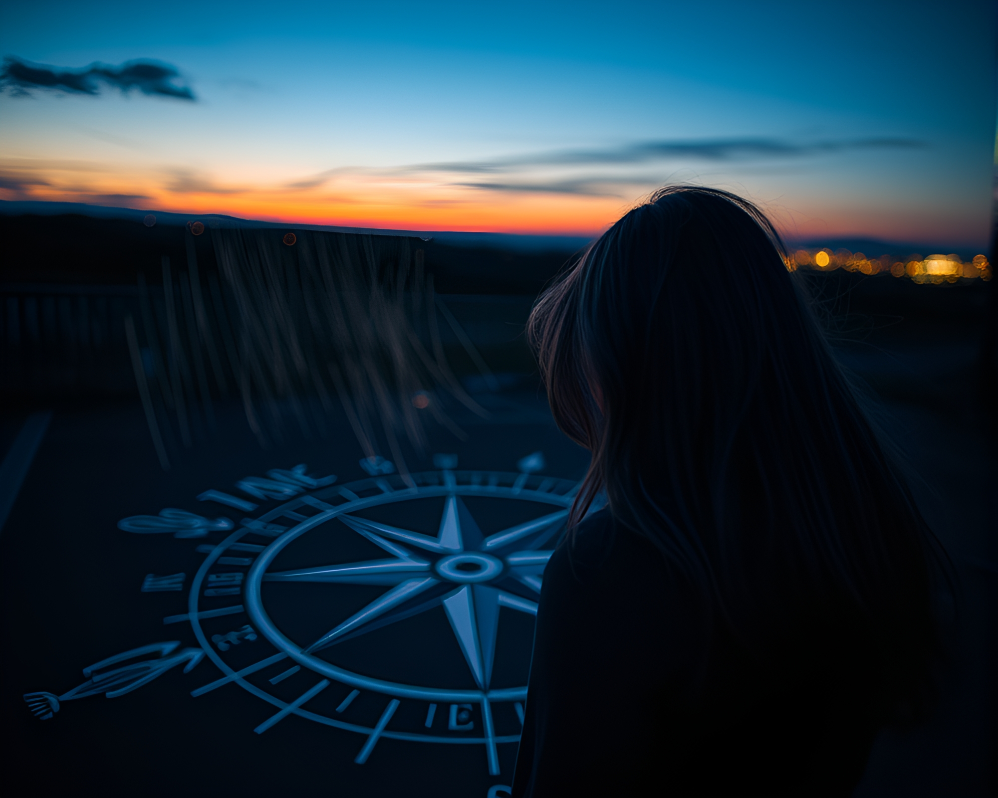 Twilight Compass: Chalk Mosaic and Hair Simulation Art – free AI stock image