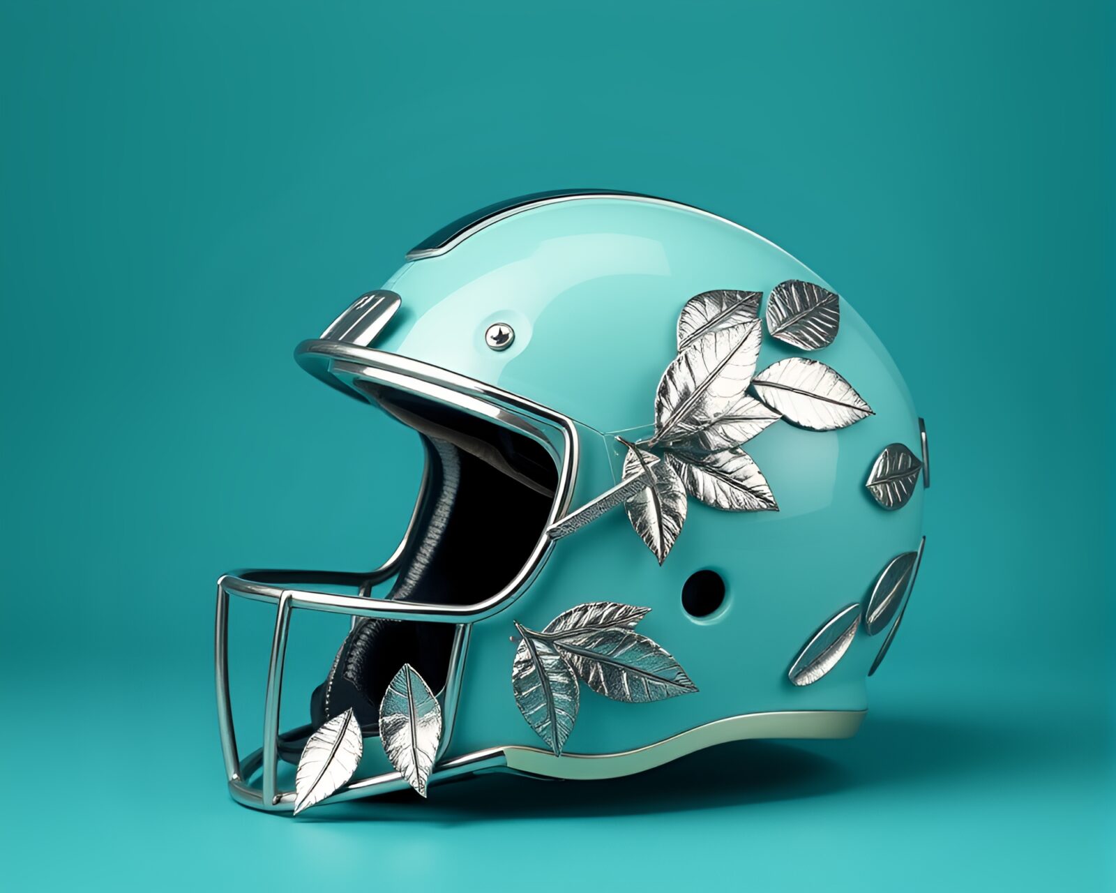 Helmet adorned with silver leaves in calming turquoise light