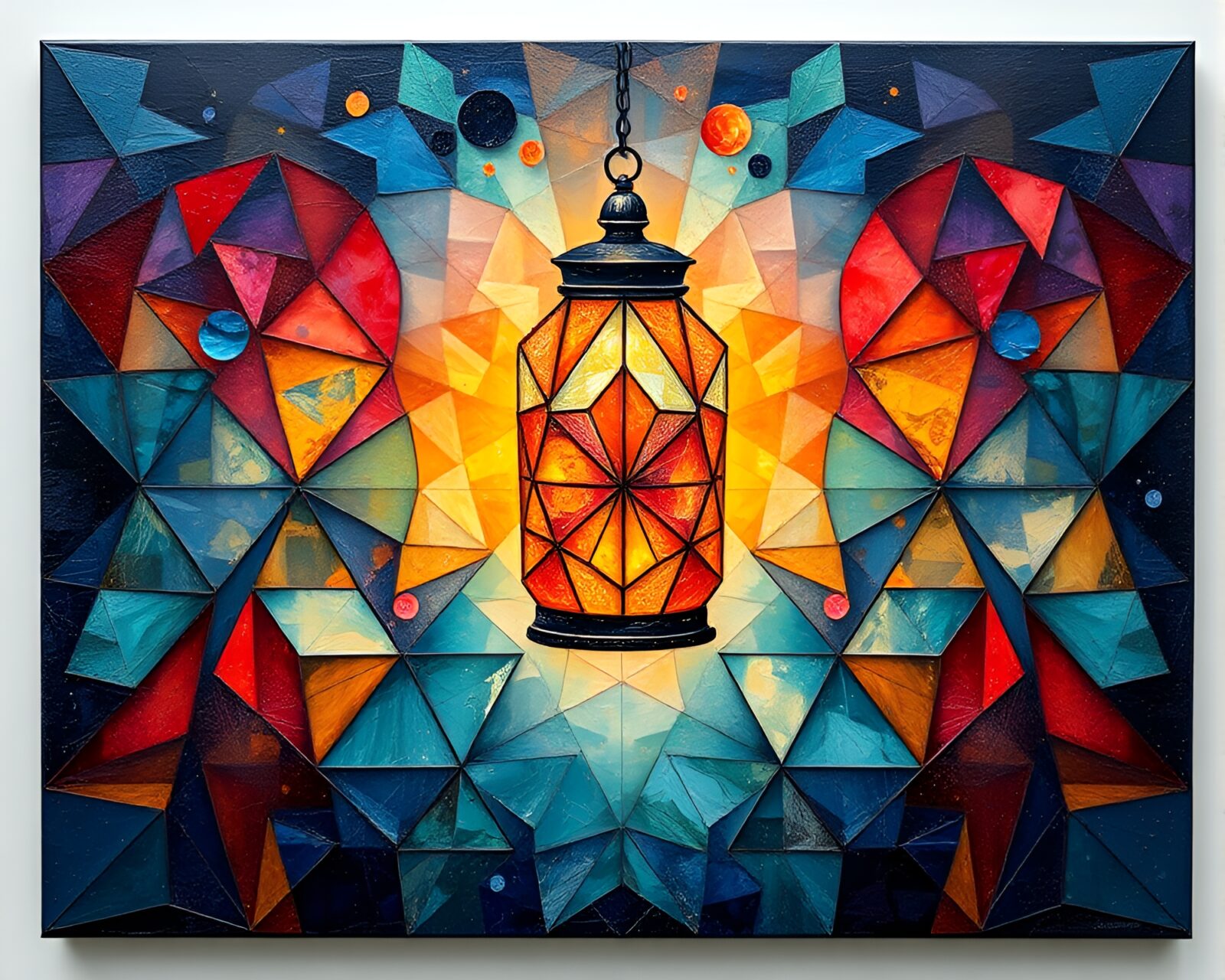 Abstract and colorful oil lantern amidst intricate geometric patterns