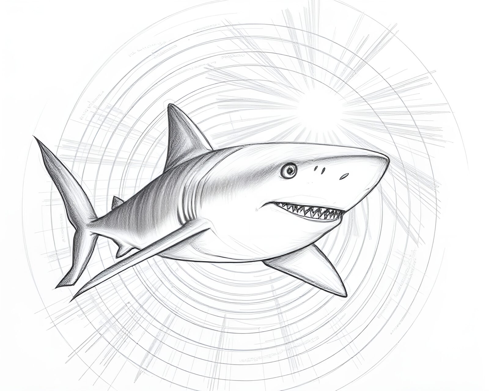 Pencil sketch of shark swimming in glowing concentric circles
