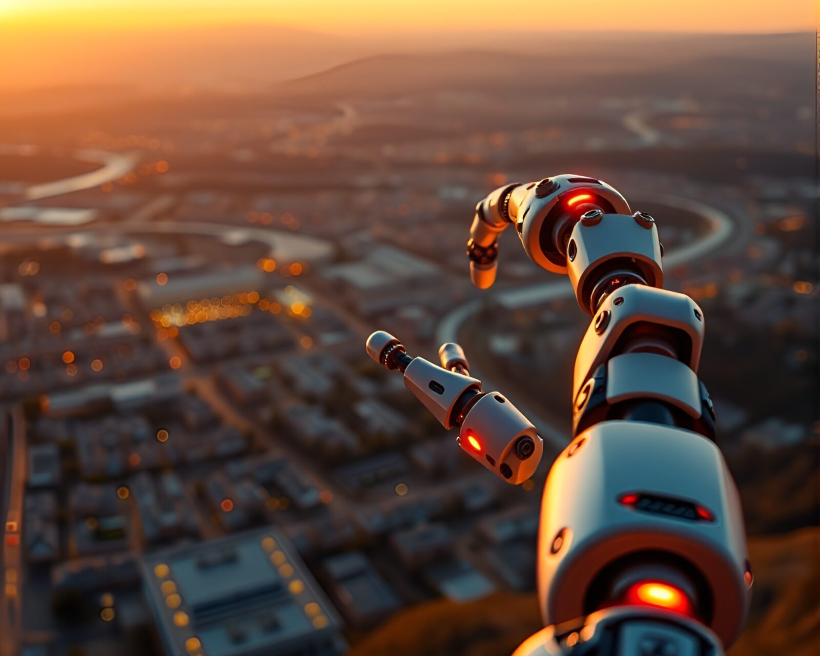 Gleaming robotic arm in golden afternoon fluid simulation landscape