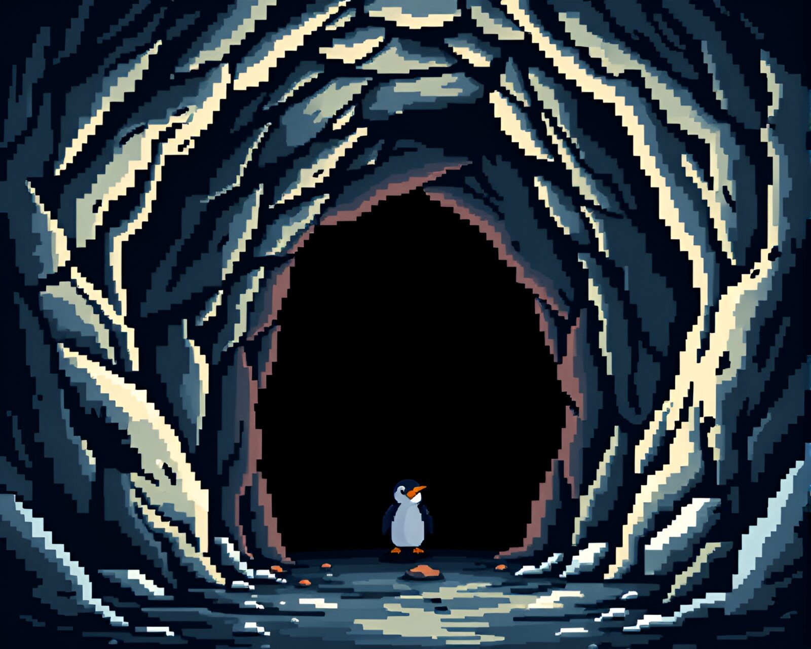 Pixel art penguin standing at cave entrance in darkness