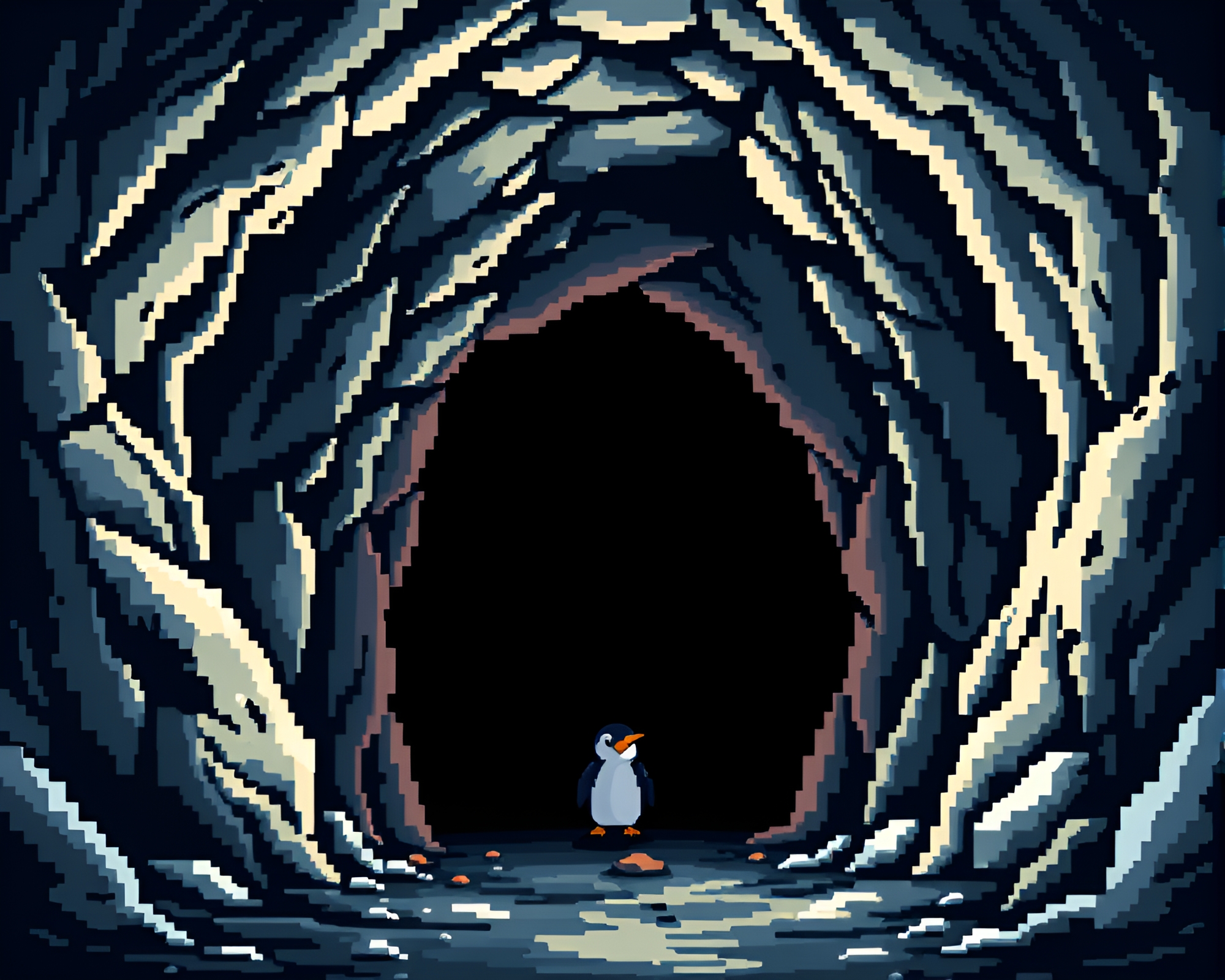 Penguin Pixel Art in Dark Cave Entrance – free AI stock image