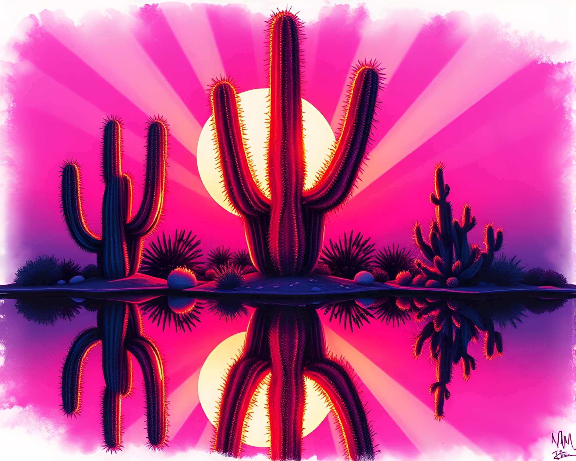 Neon Cactus Double Reflection Etched in Sunbeam Rays – free AI stock image