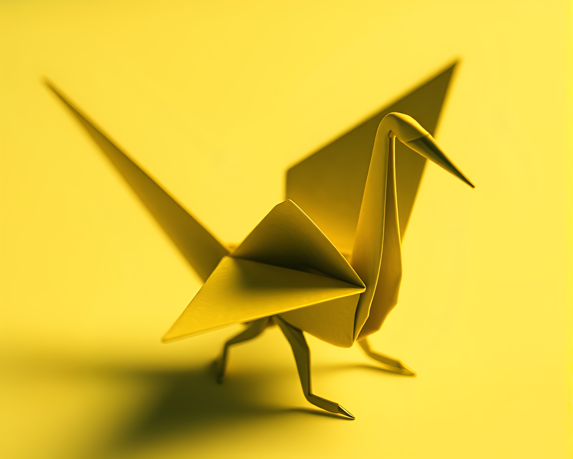 Surrealistic Macro Origami Crane in Monochrome Yellow – free AI stock image