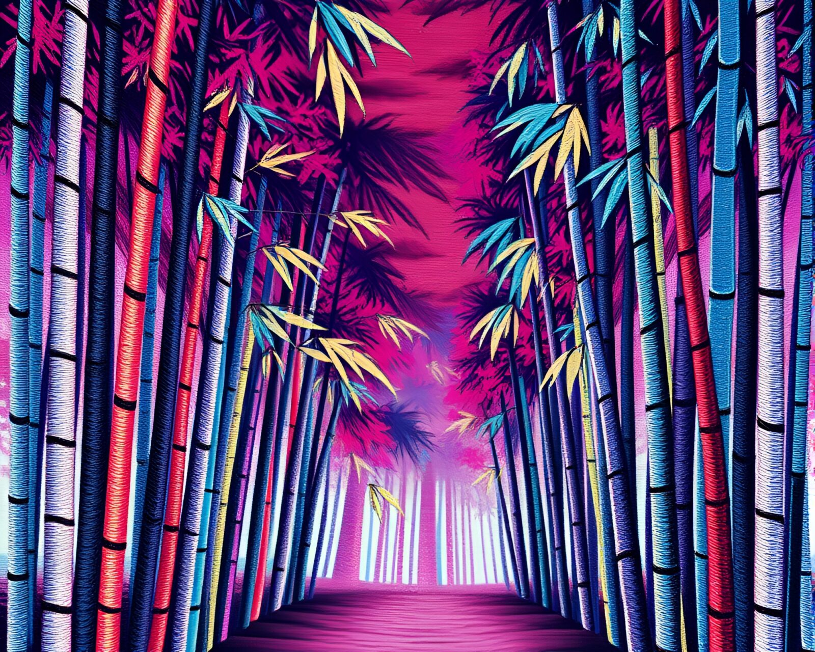 Vaporwave style bamboo grove with intricate embroidered details