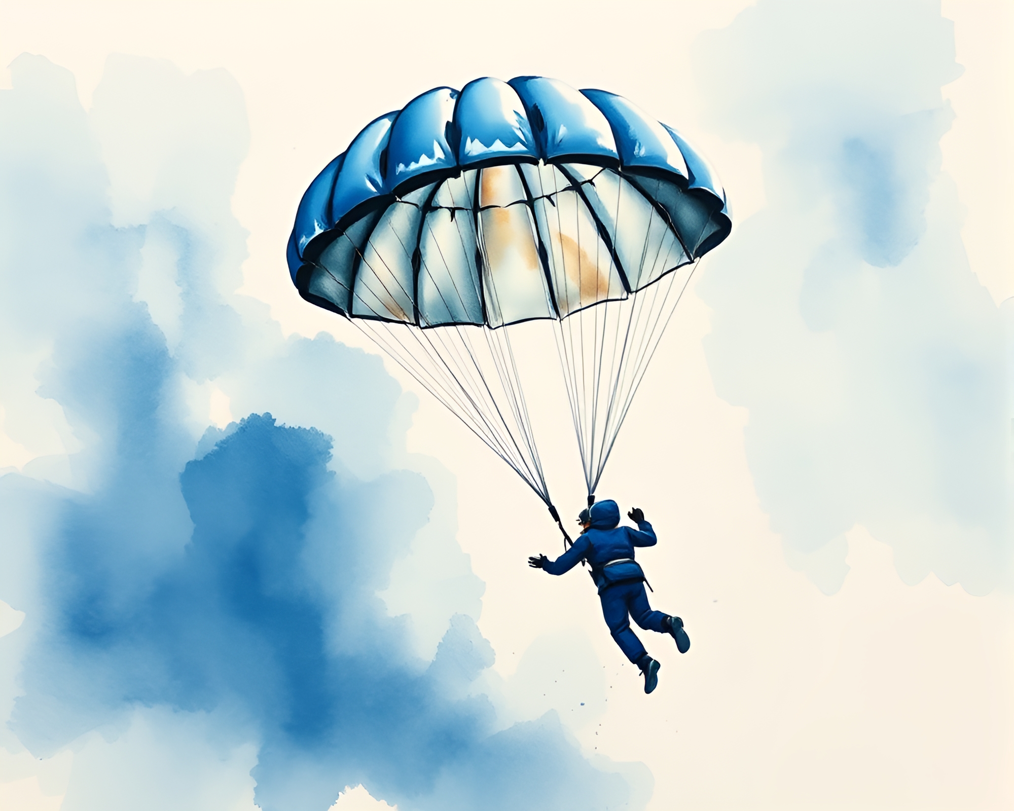 Arctic Blue Parachute Jumper in Sumi-e Brushwork – free AI stock image