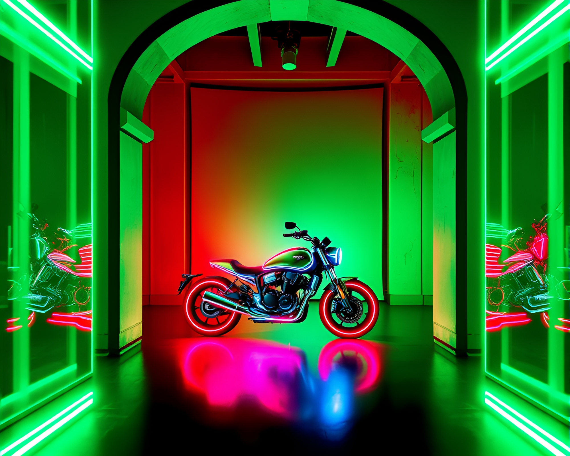 Neon Motorcycle in Emerald Green LED Light Frame – free AI stock image