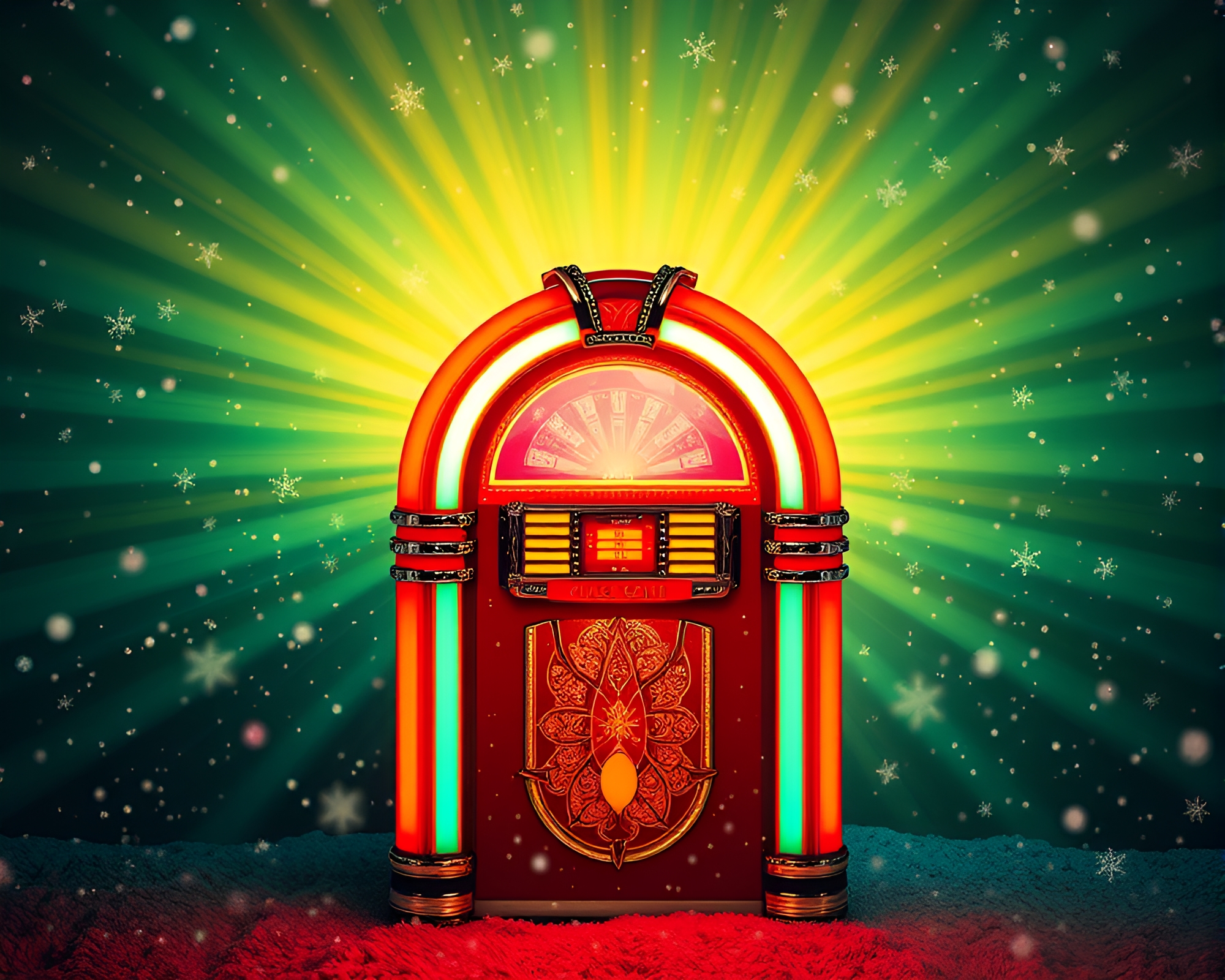 Retro Jukebox Snowflakes: Starburst Color Fusion – free AI stock image