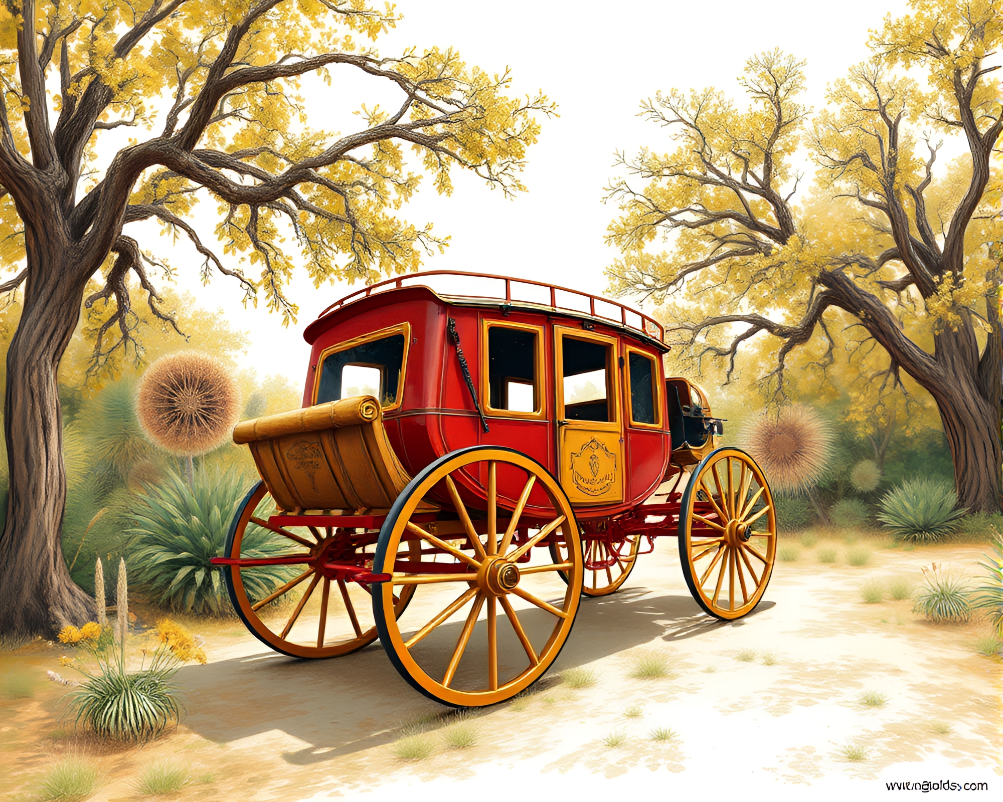 Stagecoach Crossing Botanical Savannah under Golden Light – free AI stock image