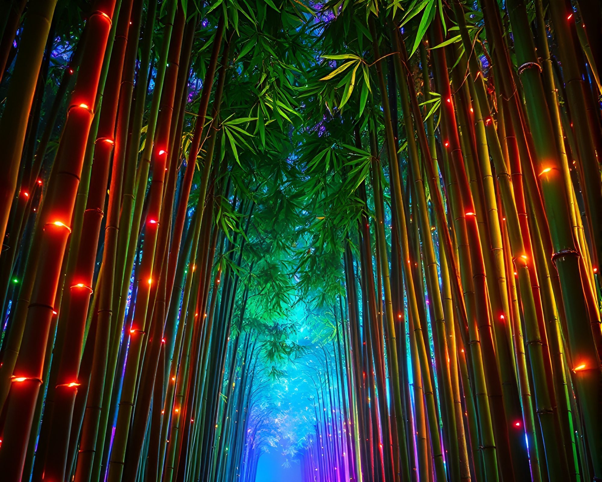 Enchanting Neon Bamboo Grove Stitched Pattern Art – free AI stock image