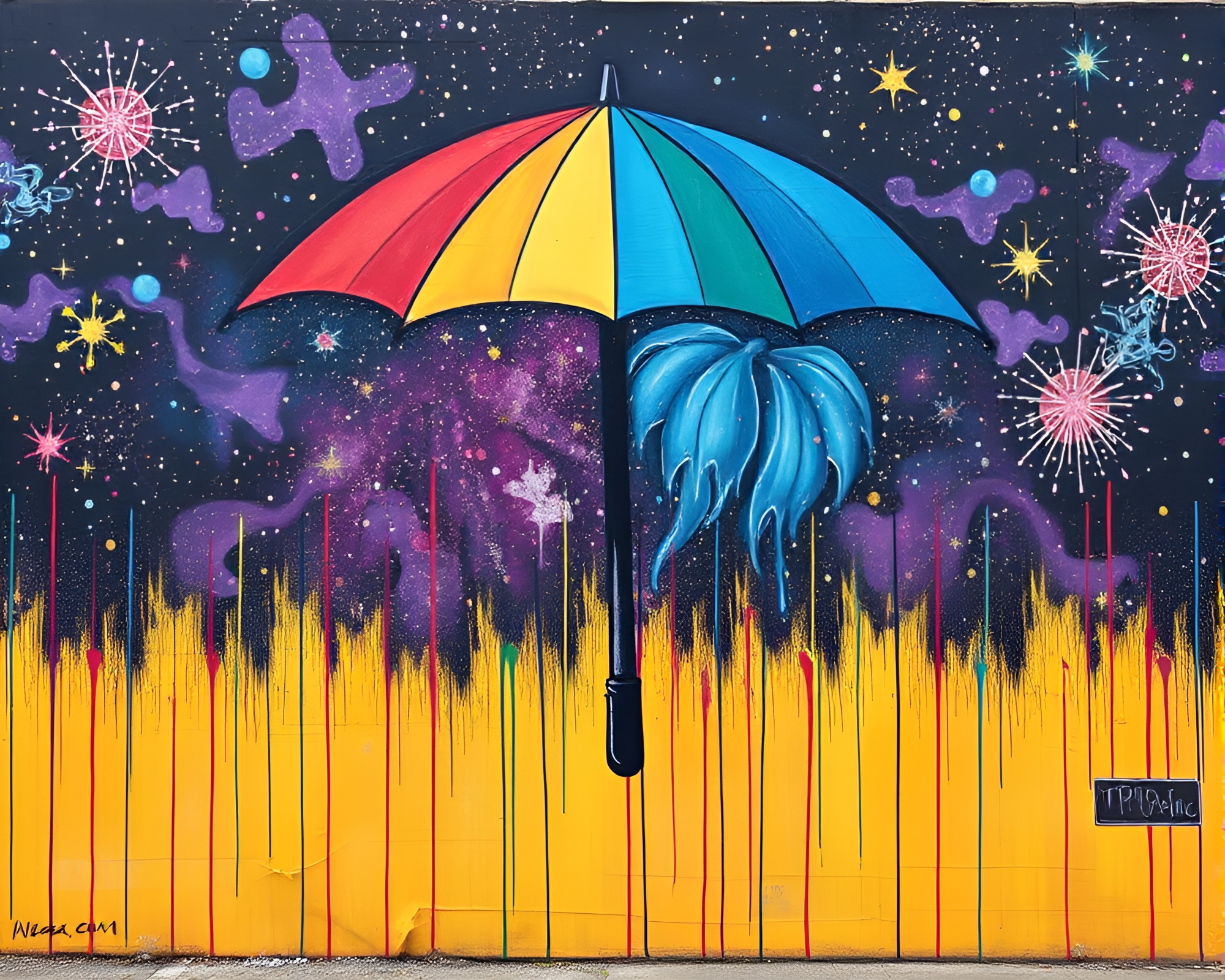 Cosmic Rainbow Umbrella Mural Graffiti – free AI stock image