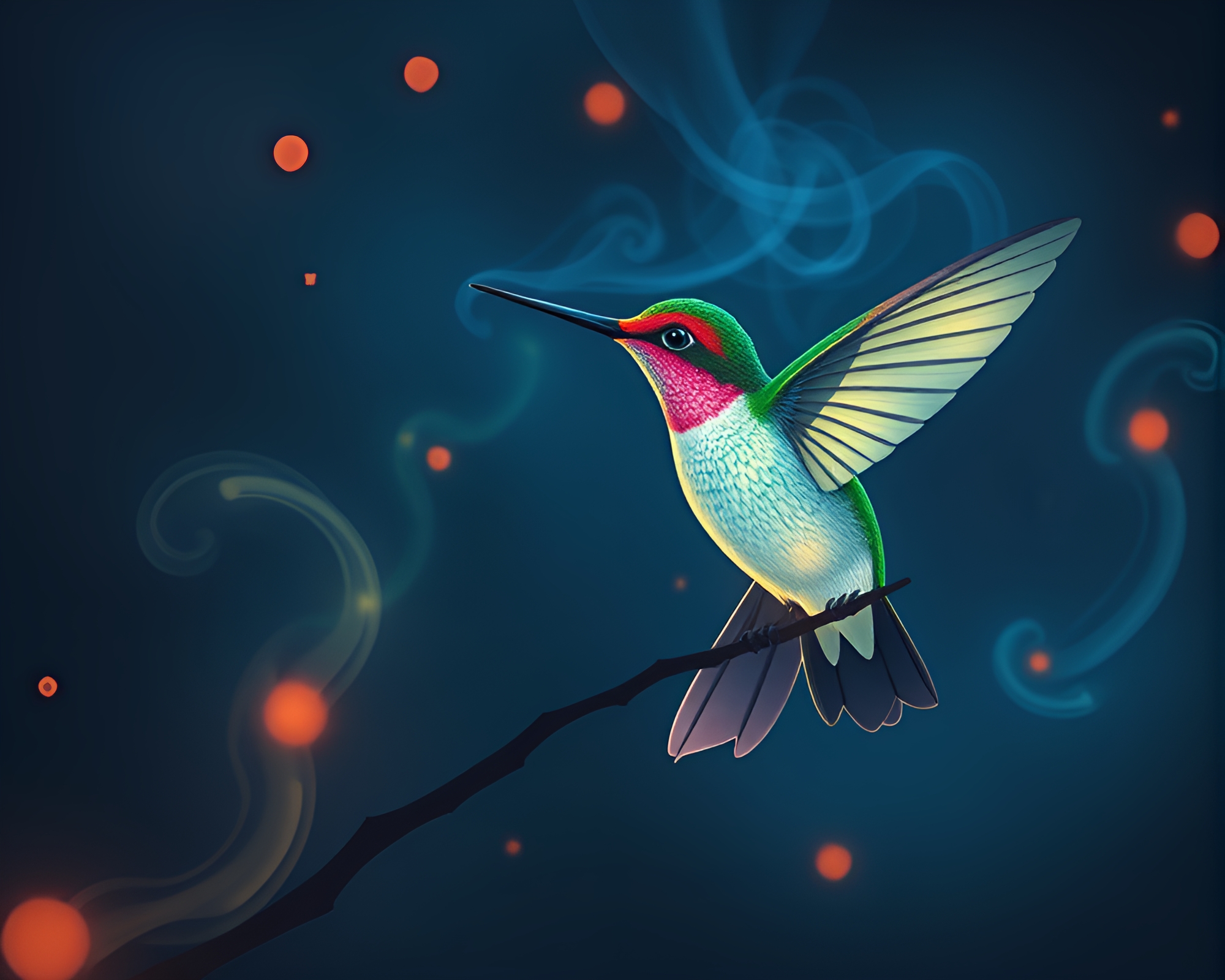Glowing Hummingbird Amidst Smoke Rings – free AI stock image