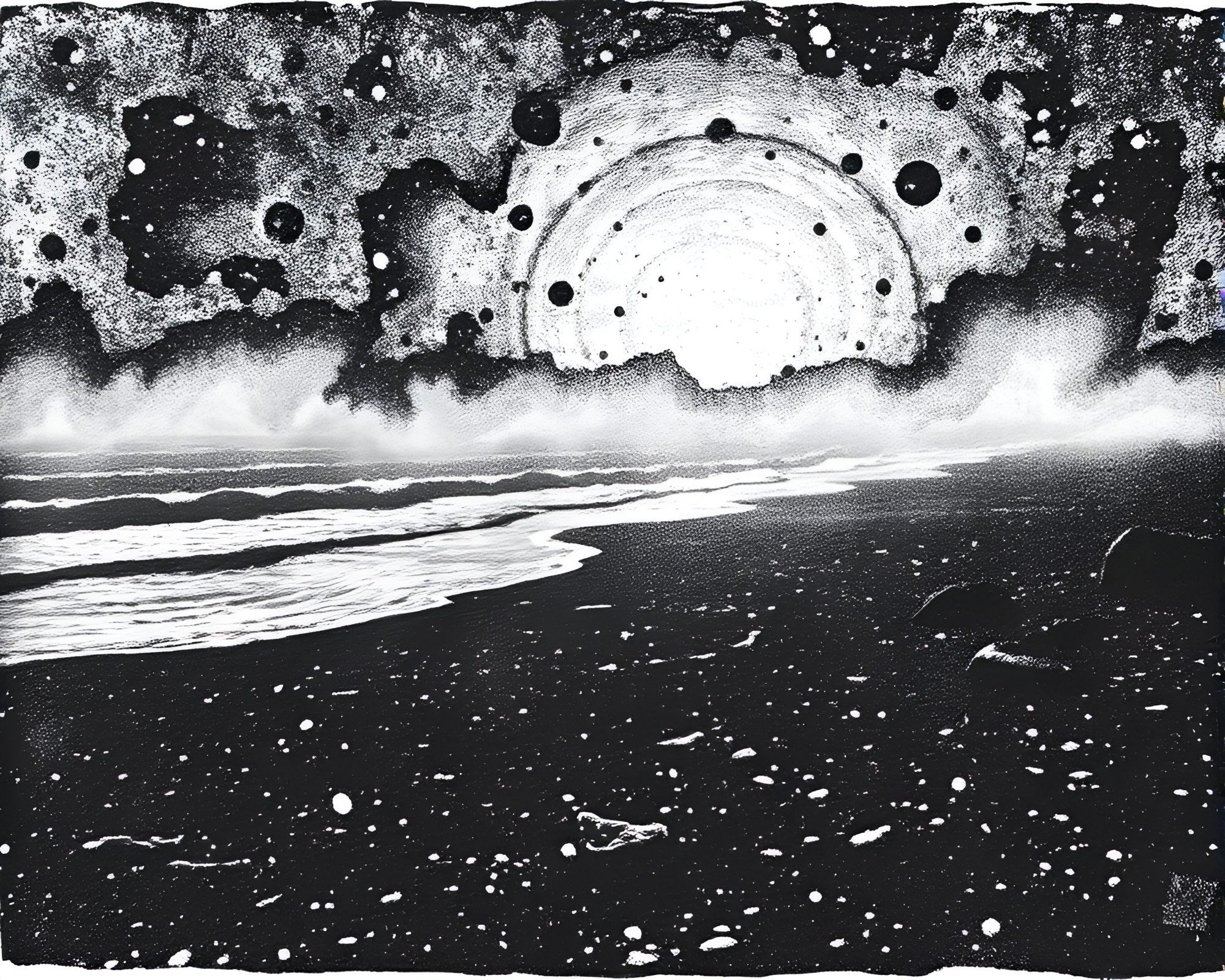 Dawn Mist at Summer Beach: LinoCut Textures Black & White – free AI stock image