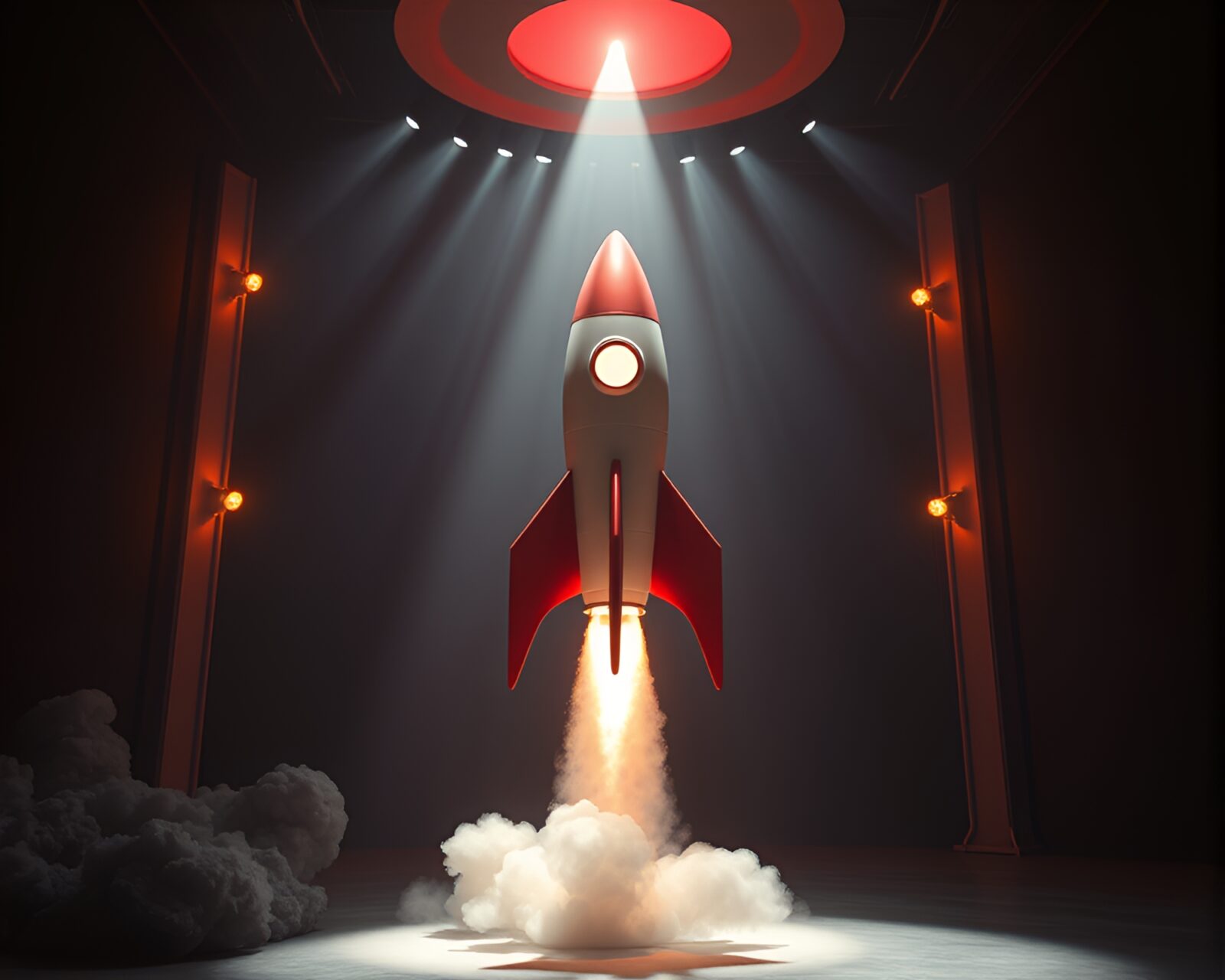 Dramatic rocket launch with theatrical lighting and modern design elements
