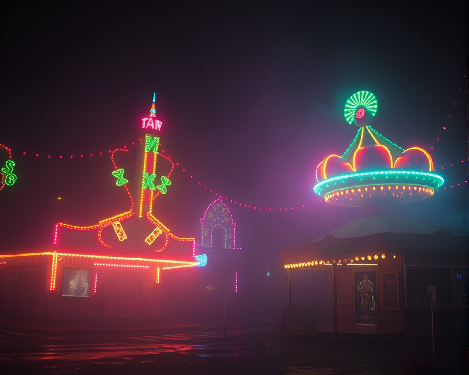 Eerie Lovecraftian scene with neon reflections in carnival atmosphere