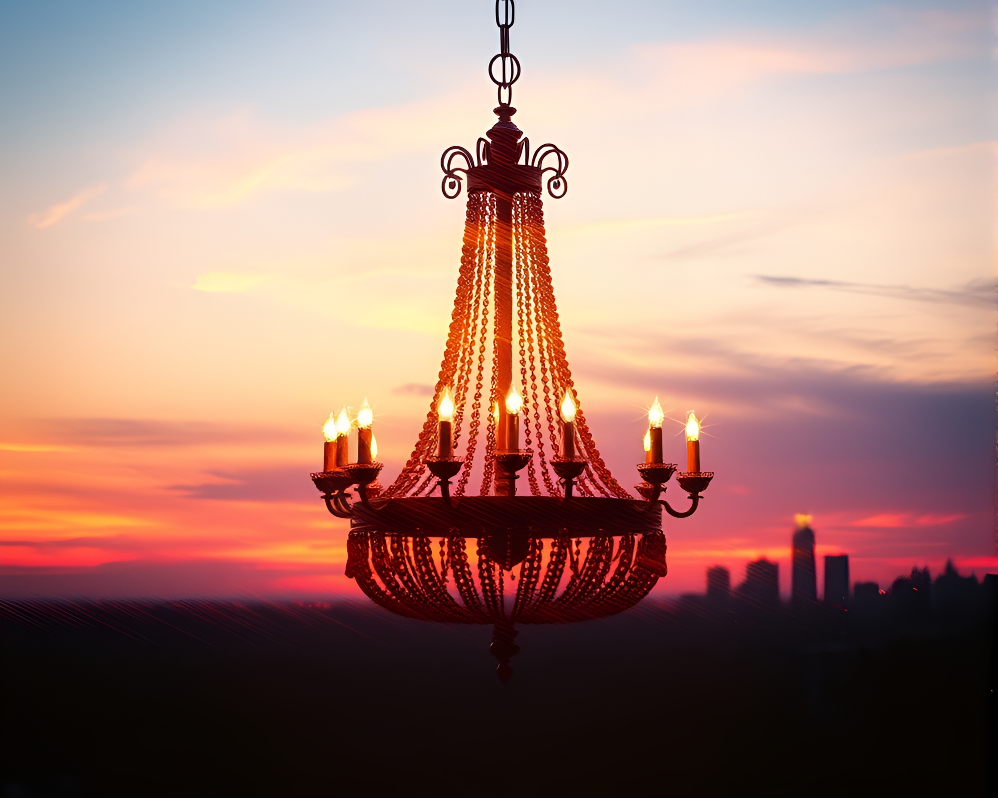 Gothic Chandelier Double Exposure Sunset Scan Lines – free AI stock image