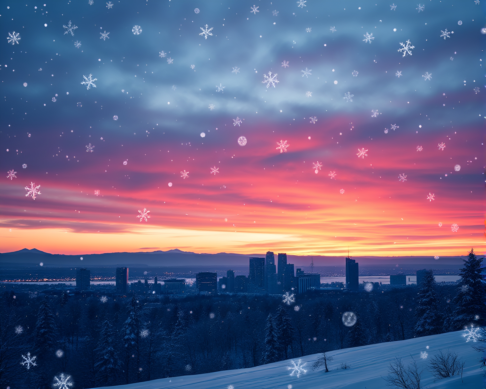 Snowflake Time Vortex at Sunset City – free AI stock image