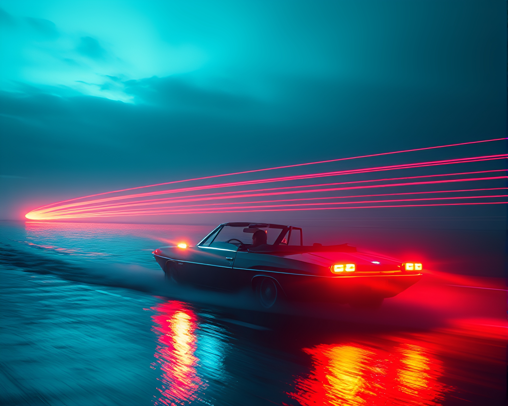 Neon Hydrofoil Boat with Car Light Trails – free AI stock image
