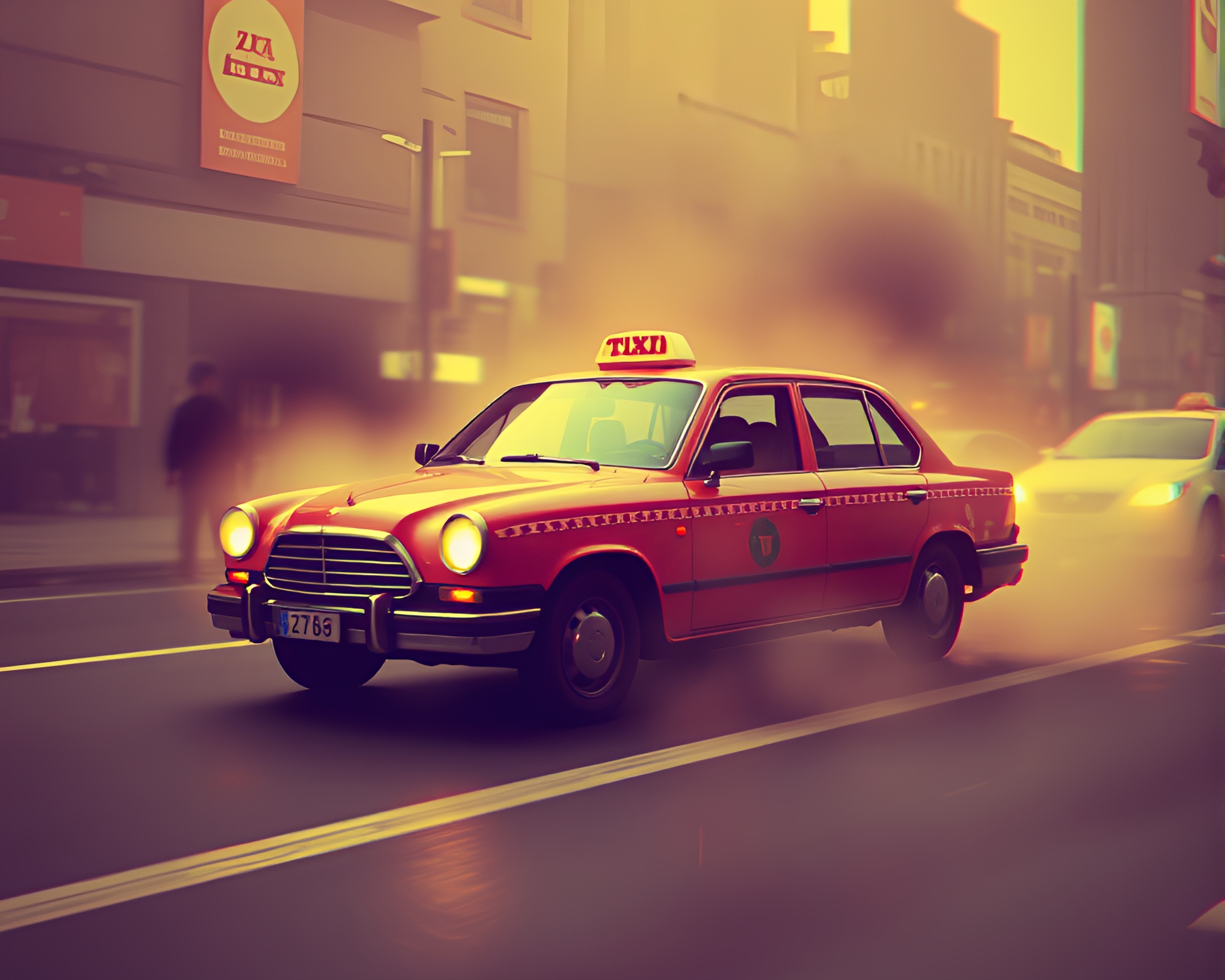 Futuristic Hover Taxi Through Smoky Anaglyph Cityscape – free AI stock image