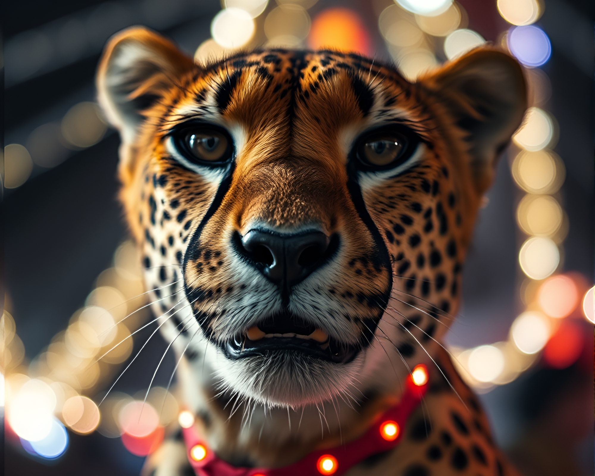 Carnival Lights Illuminating Cheetah Extreme Close-Up – free AI stock image