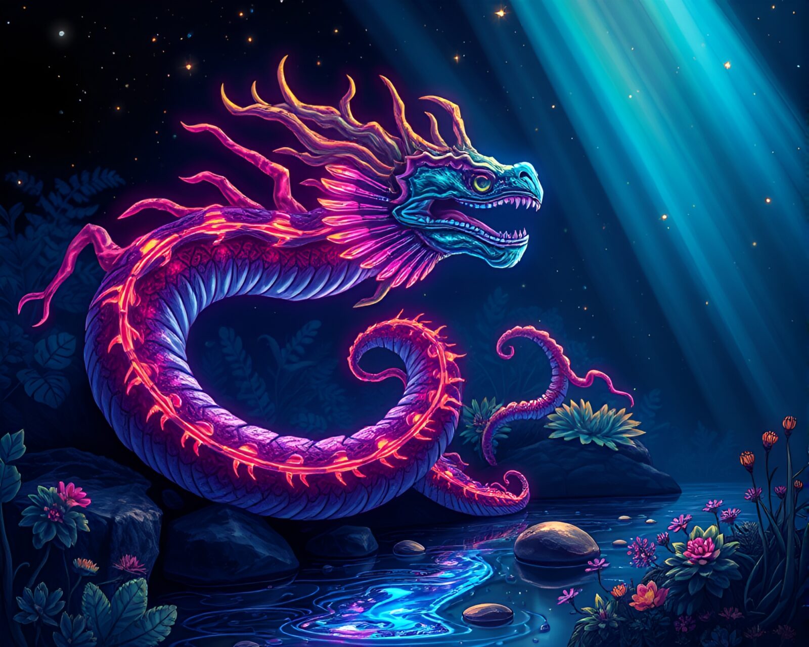 Illustration of mystical Hydra surrounded by colorful oil slicks
