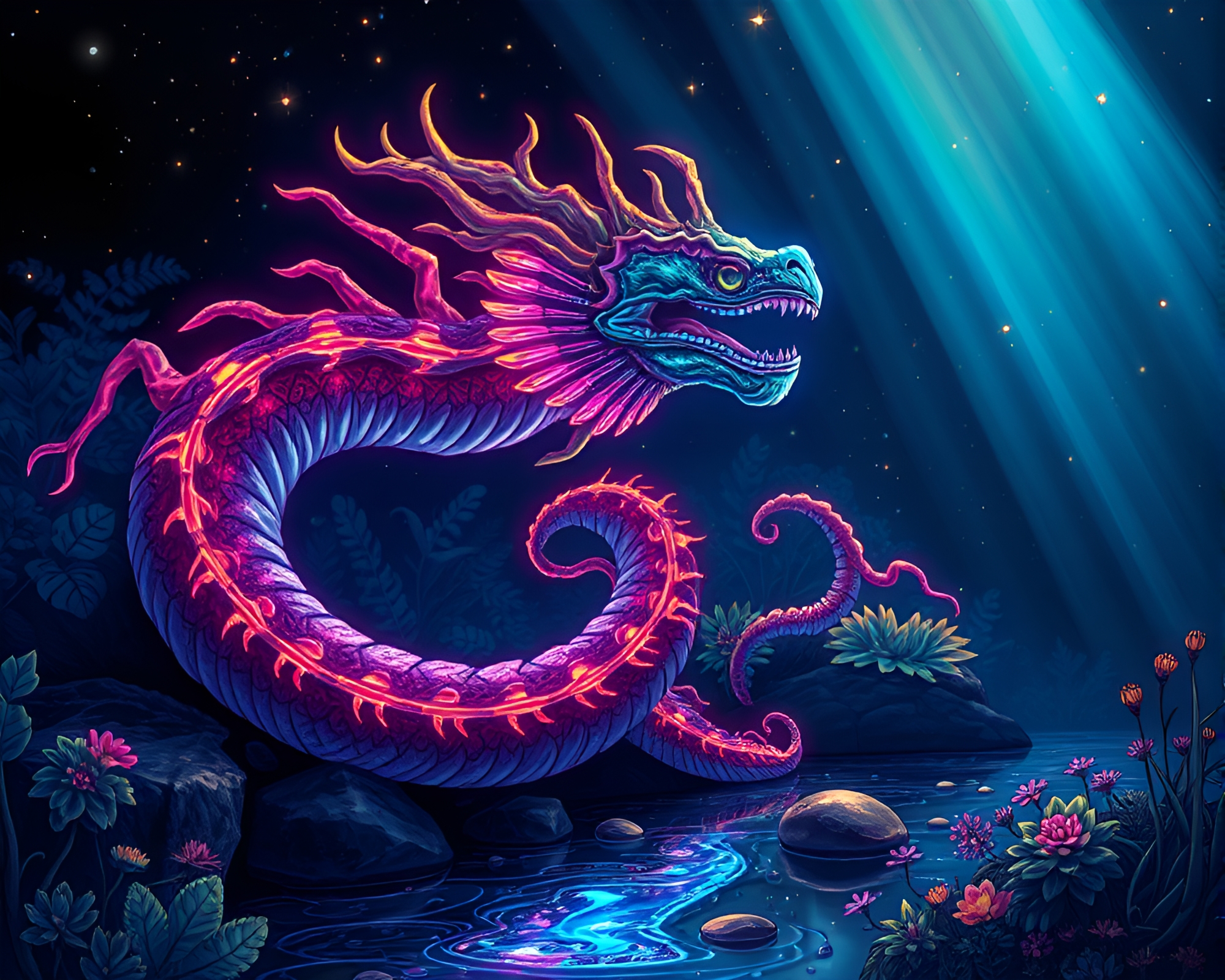 Hydra in Botanical Oil Slick Rainbow Composition – free AI stock image