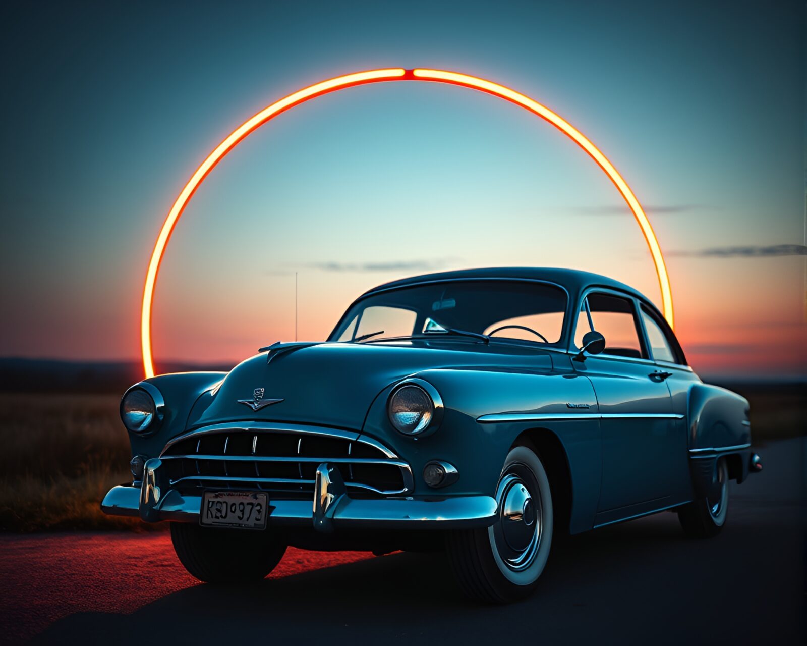 Mixed media art of vintage car in cool dawn light