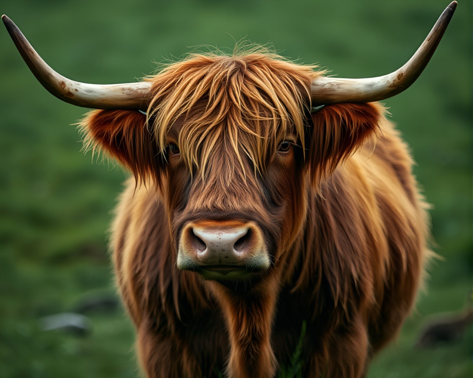 Lithograph of a mesmerizing highland cow surrounded by green hues