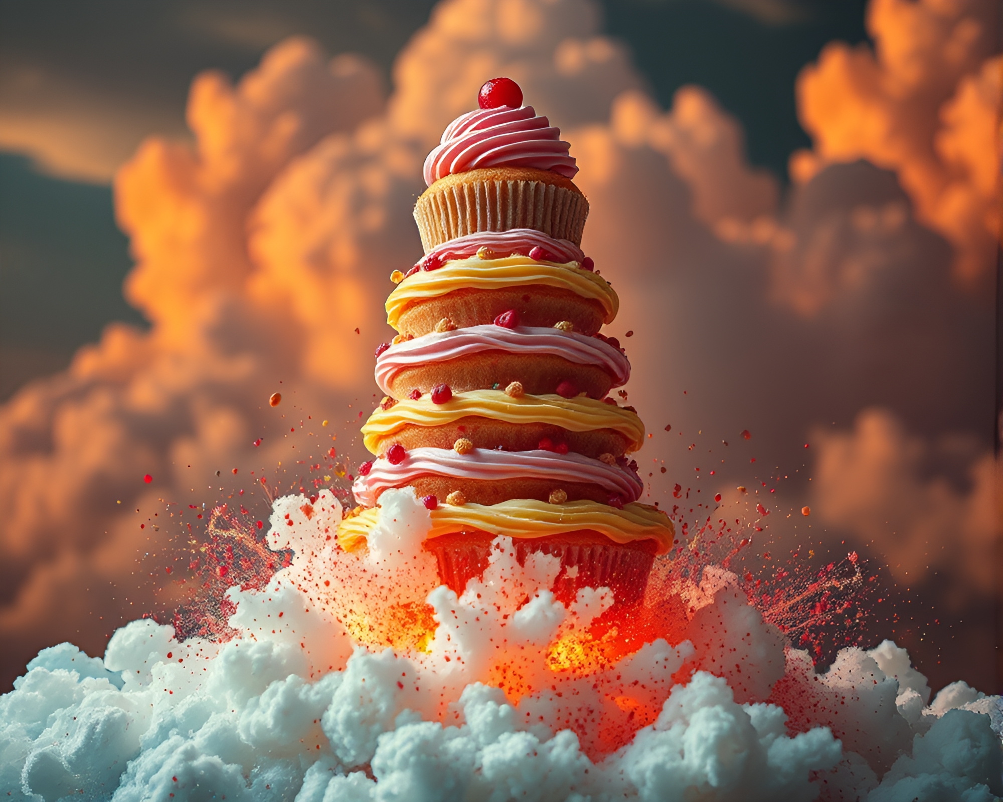 Hyper-saturated Cupcake Tower Explosion – free AI stock image