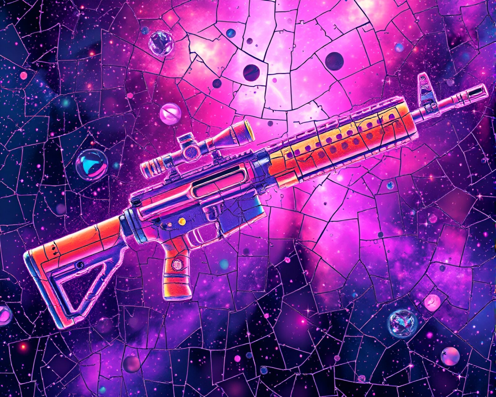 Selective color image of planet with pastel hues and rifle