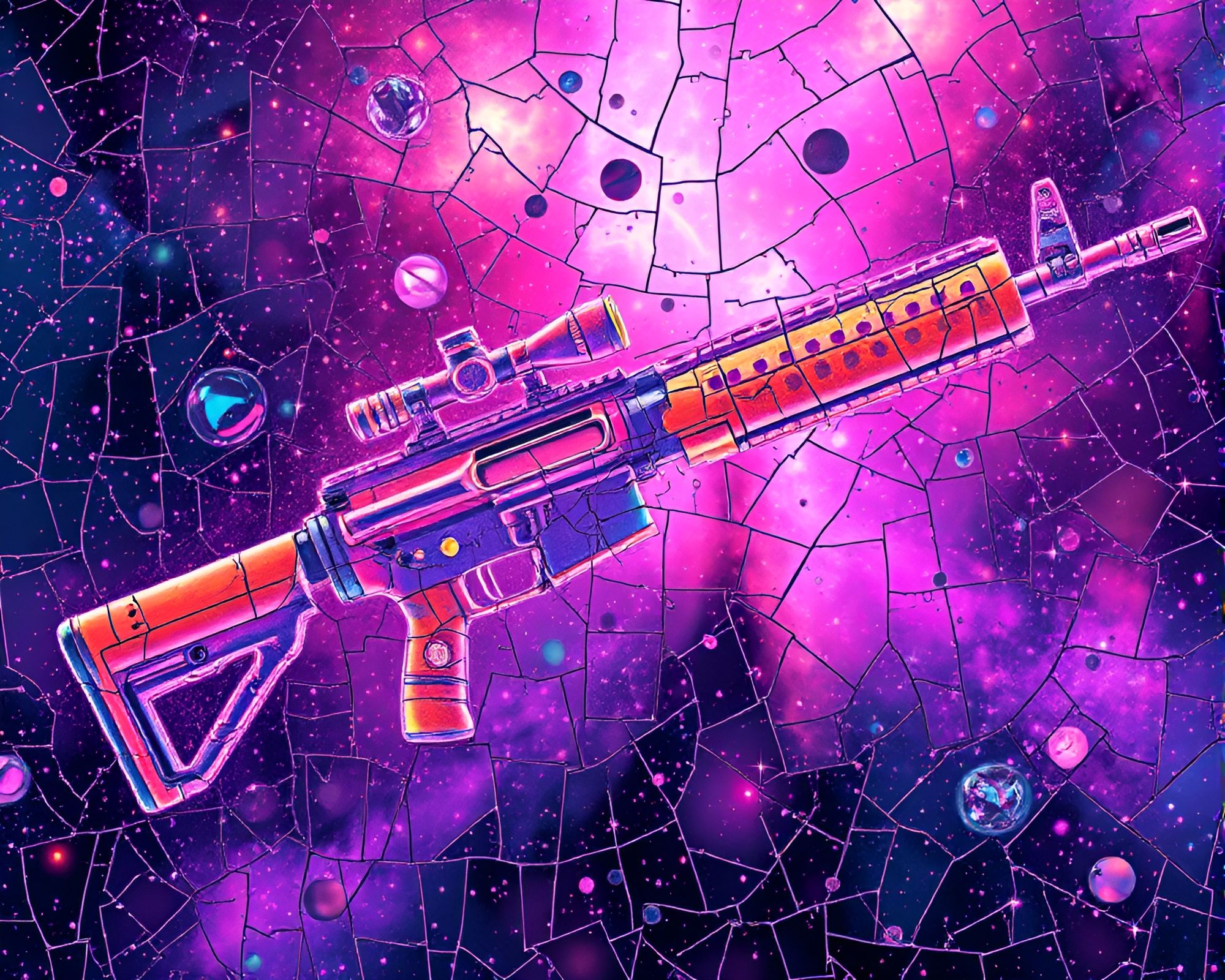 Plasma Rifle Among Broken Mosaic Fragments – free AI stock image