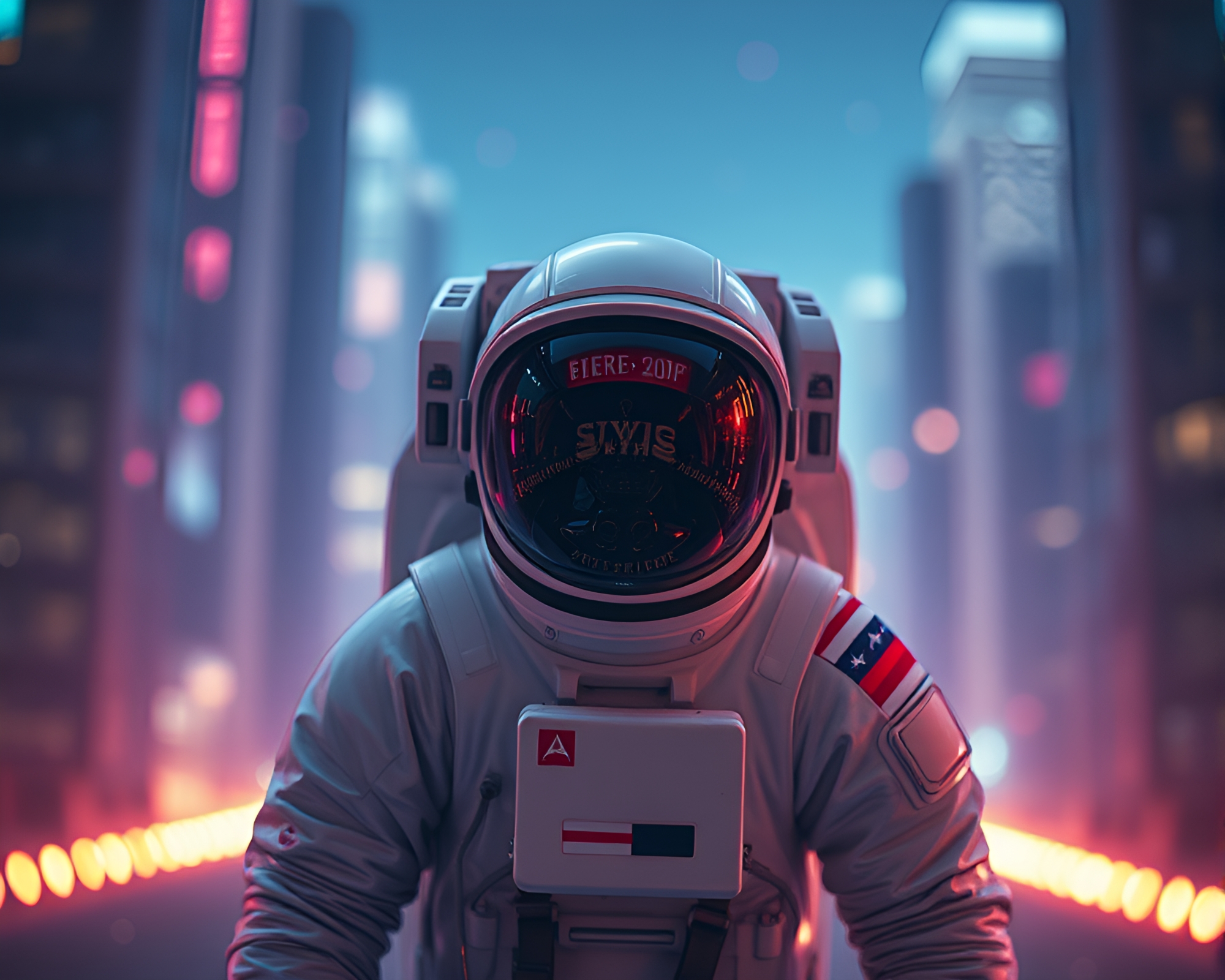 Dystopian Astronaut in Holographic Landscape – free AI stock image