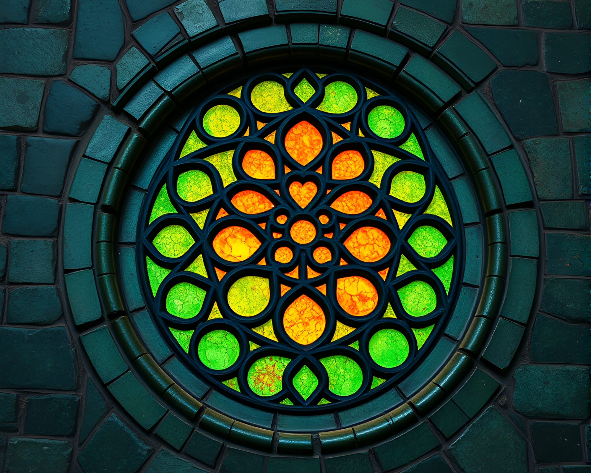 Copper Verdigris Stone Circle Cathedral Lights – free AI stock image