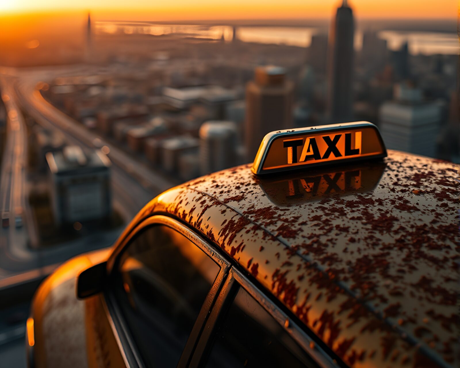 Hover taxi in golden hour amidst rusty urban decay