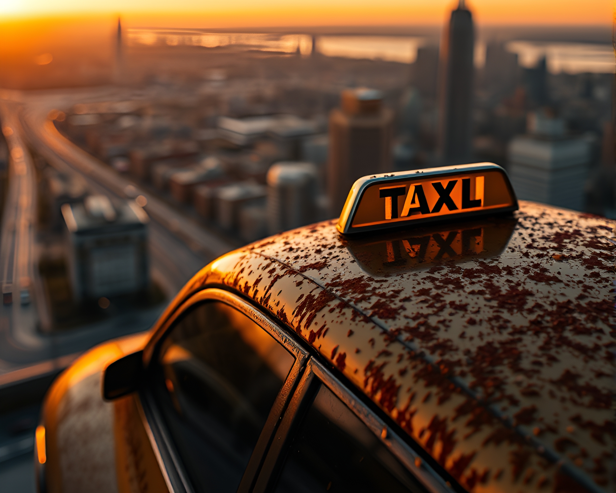 Rustic Sunset Skyline Taxi Overhaul – free AI stock image