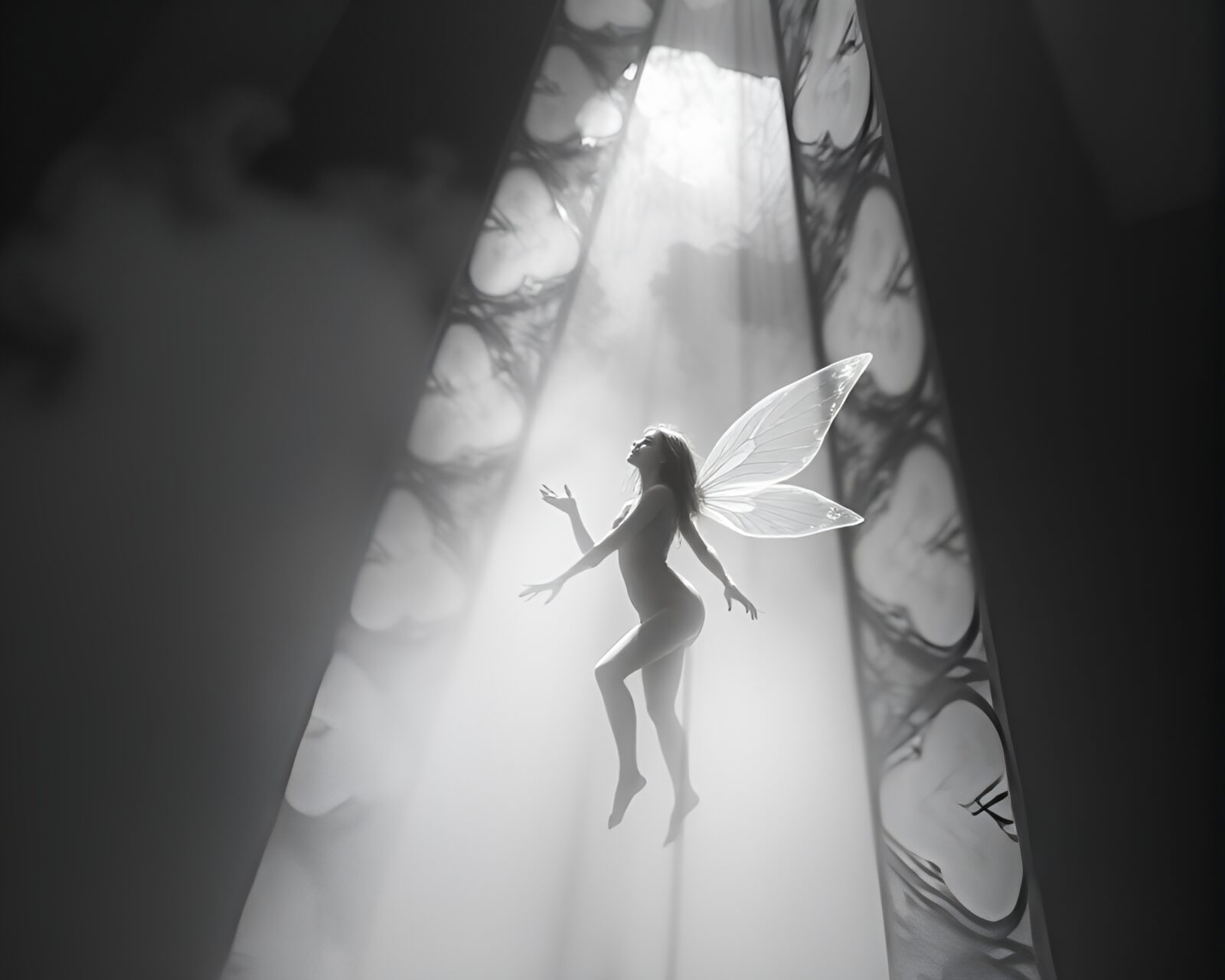 A mystical nymph surrounded by refracted light in fog