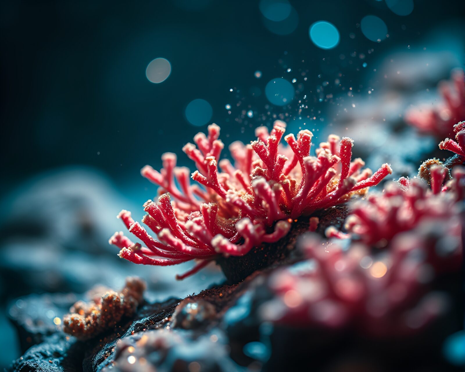 Glowing coral reefs with twinkling lights in a futuristic world