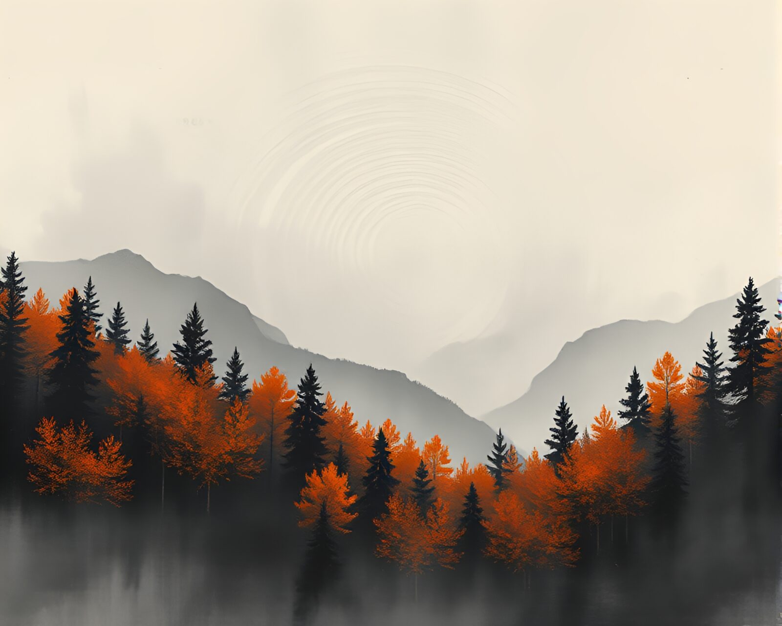 Colorful fall foliage with intricate fingerprint patterns etched into sky