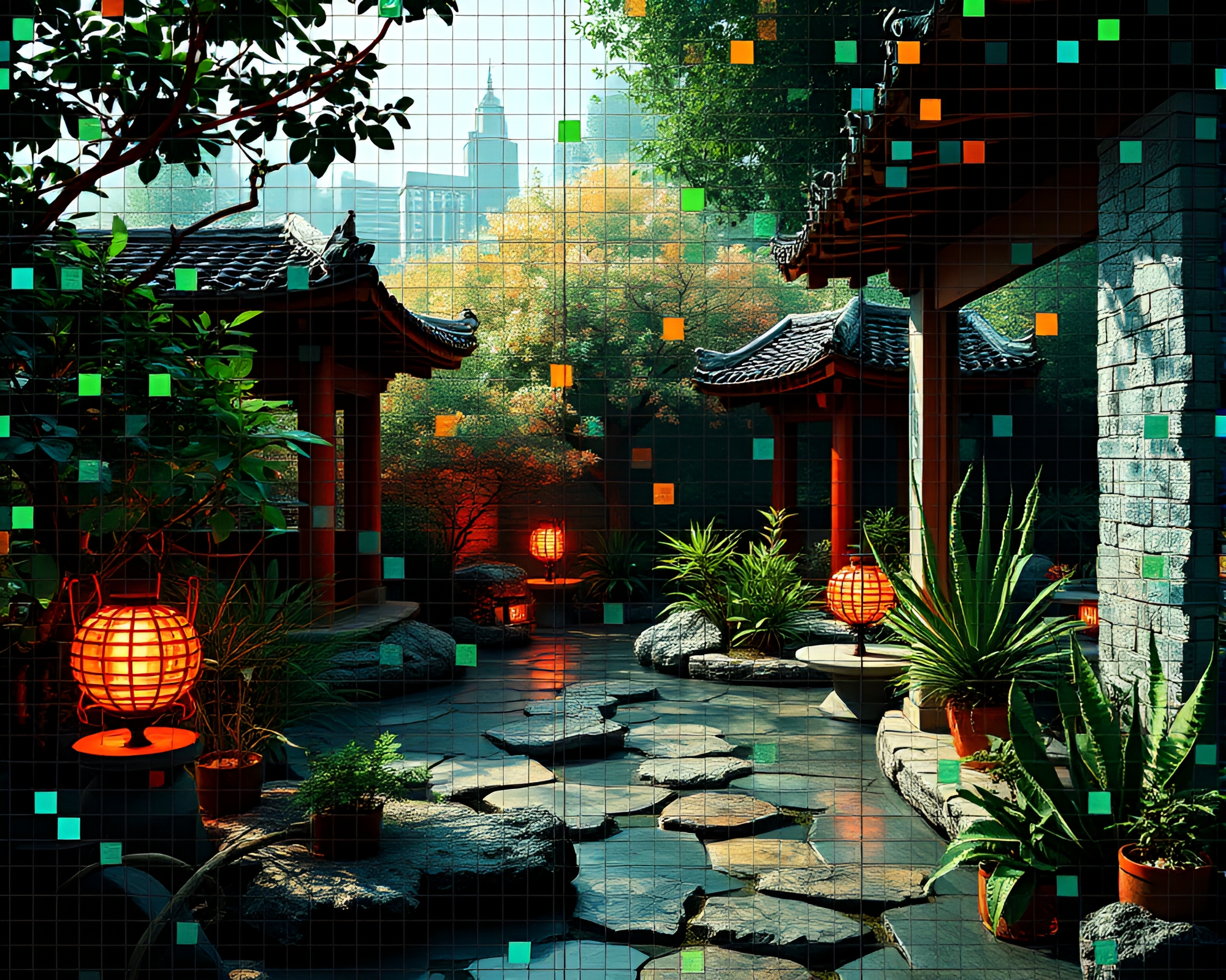 Cybernetic Zen Garden Fusion Tiling – free AI stock image