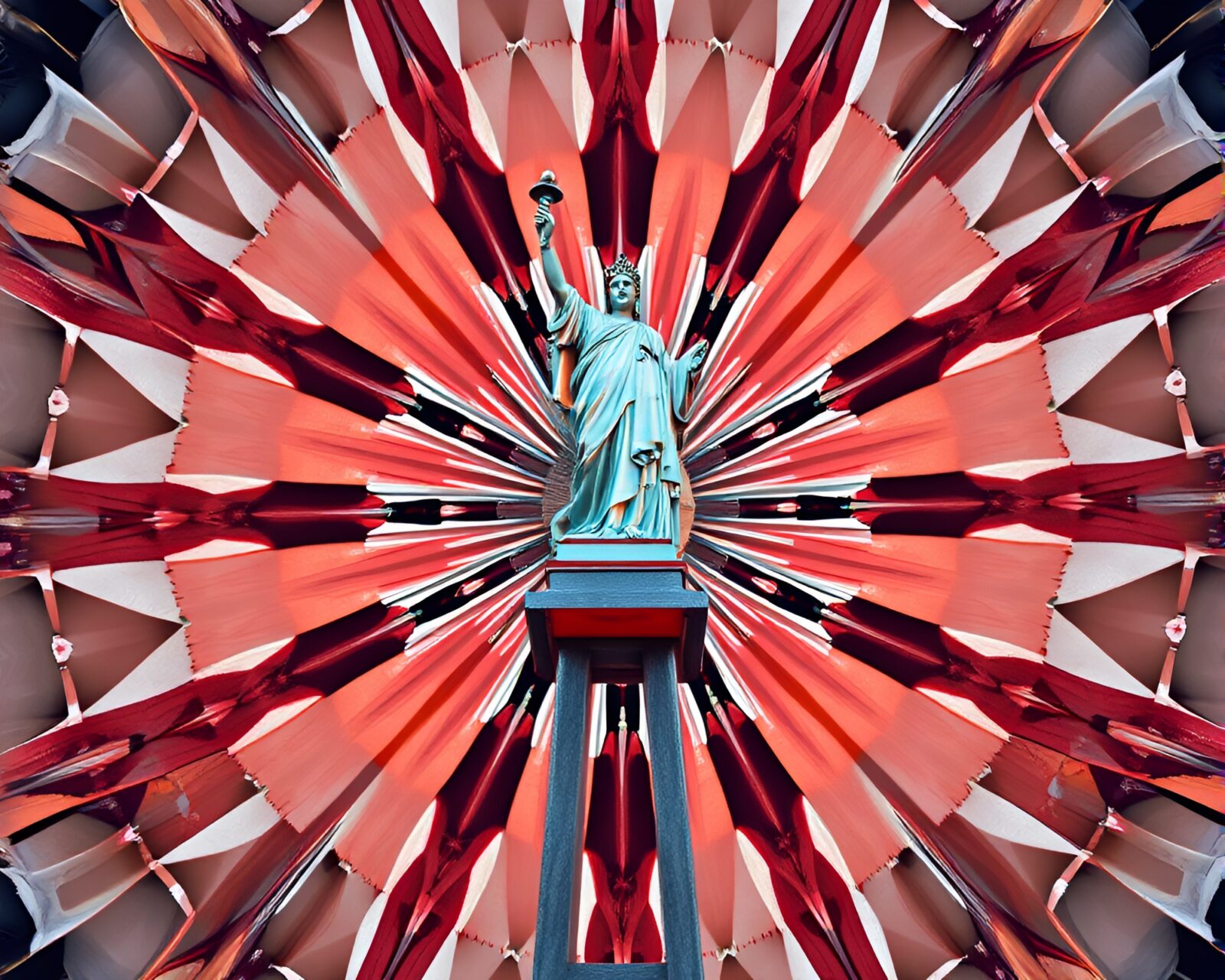 Radially symmetric statue with low saturation and abstract style