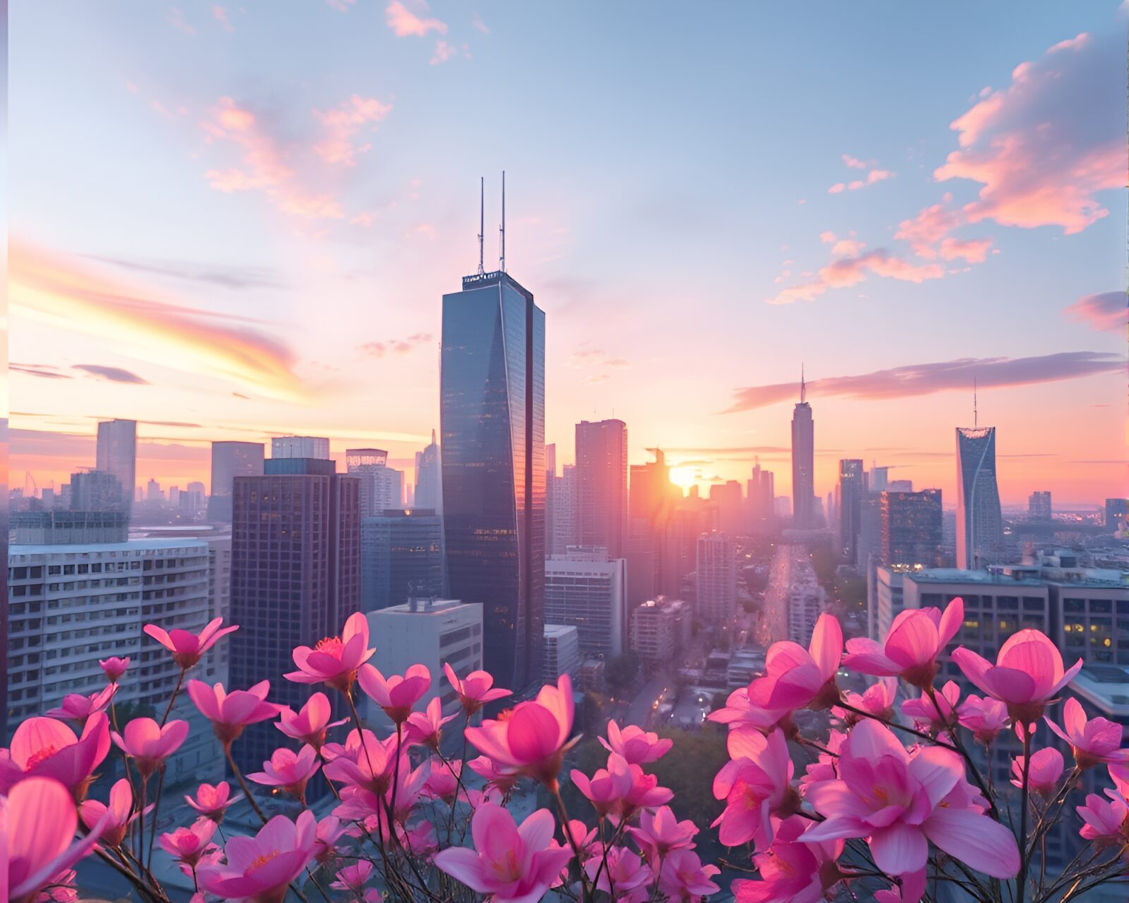 Stunning cityscape in watercolors under cool dawn light