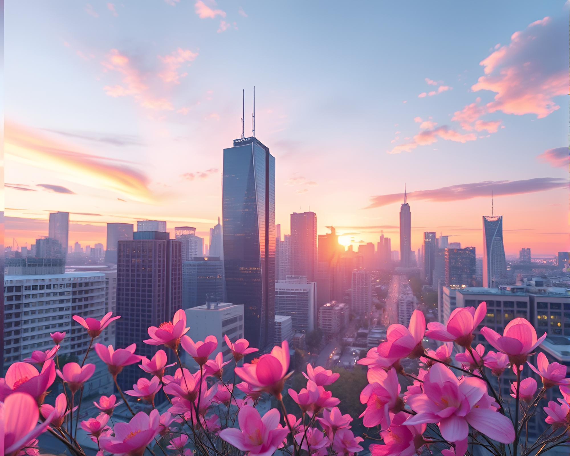 Virtual Cityscape Awash in Watercolor Blooms at Dawn – free AI stock image