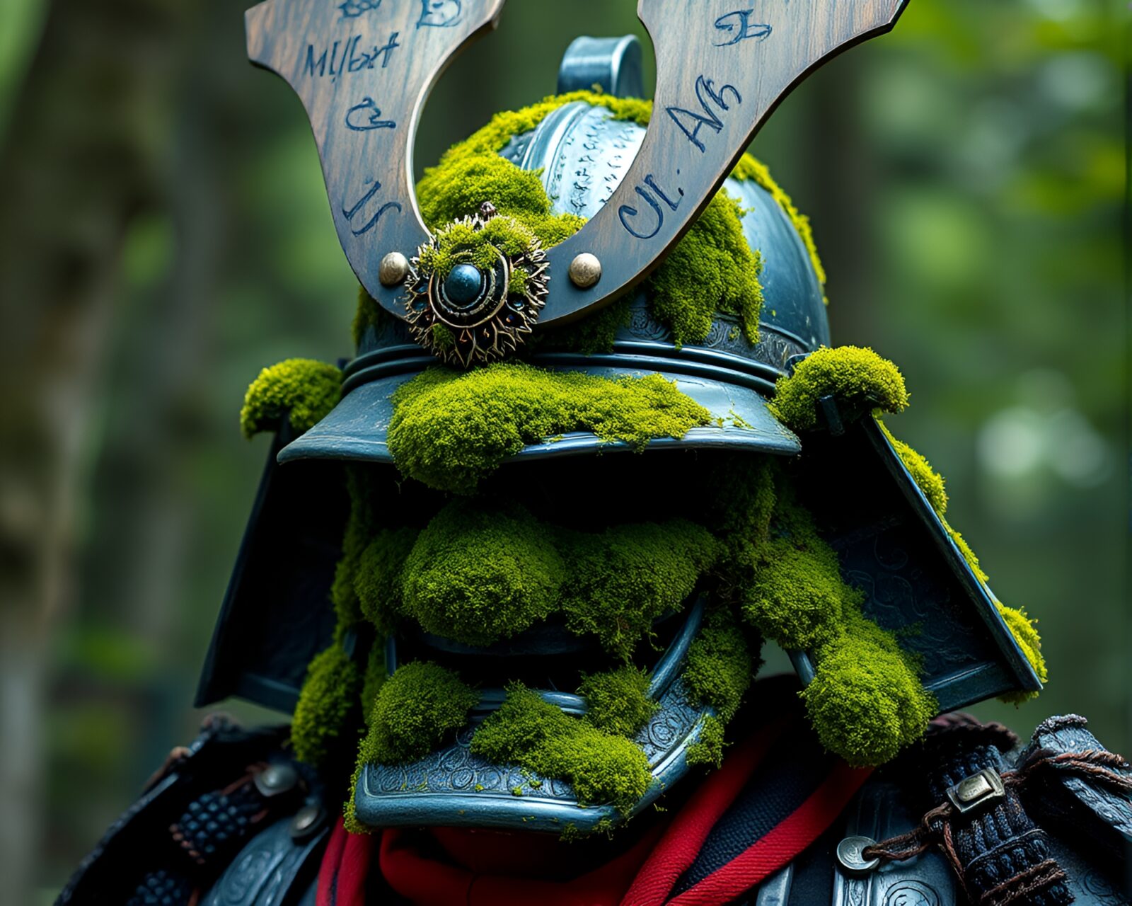 Steel-blue Samurai helmet covered in intricate moss patterns.