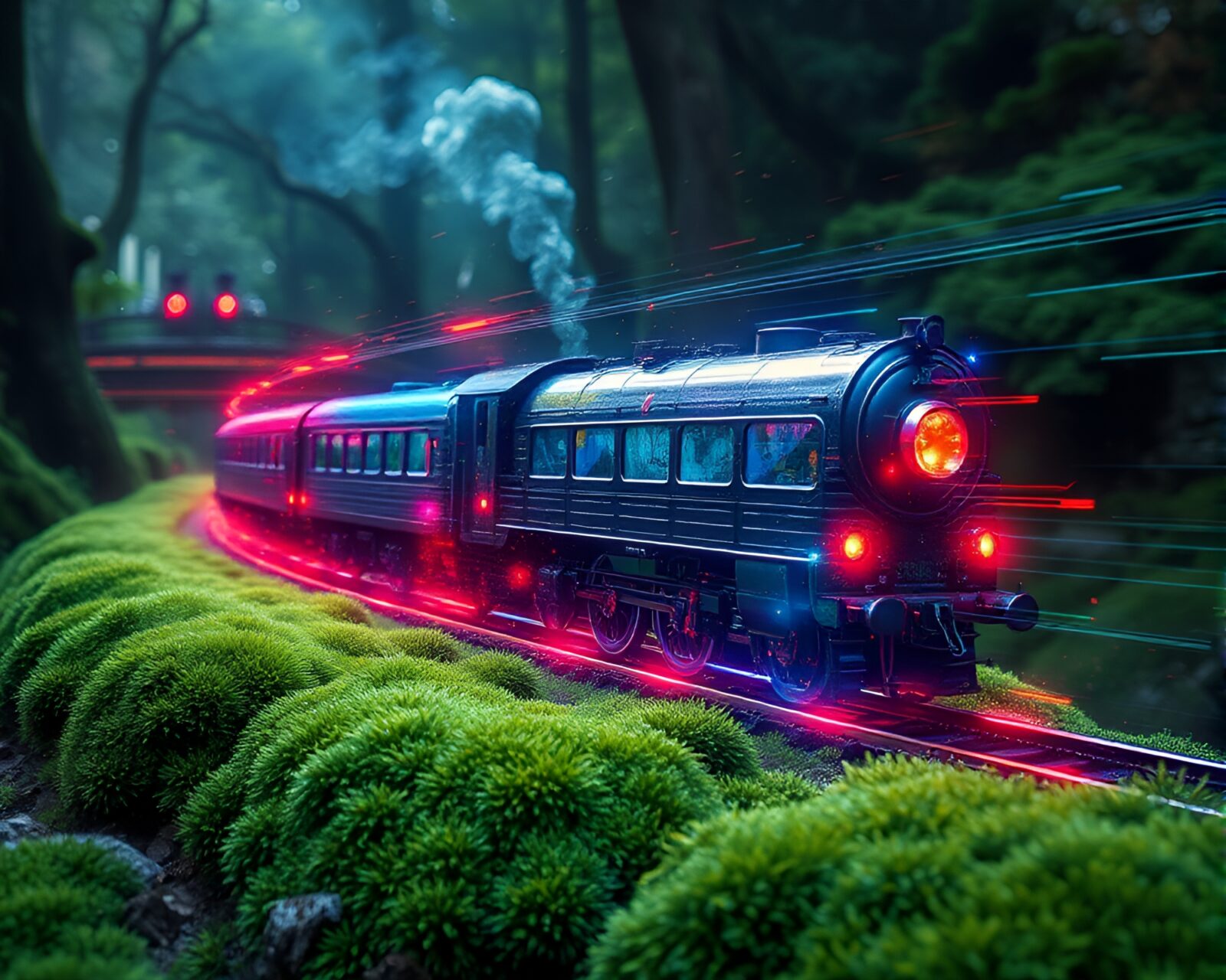 Sapphire-toned magnetic train entwined in vibrant green moss