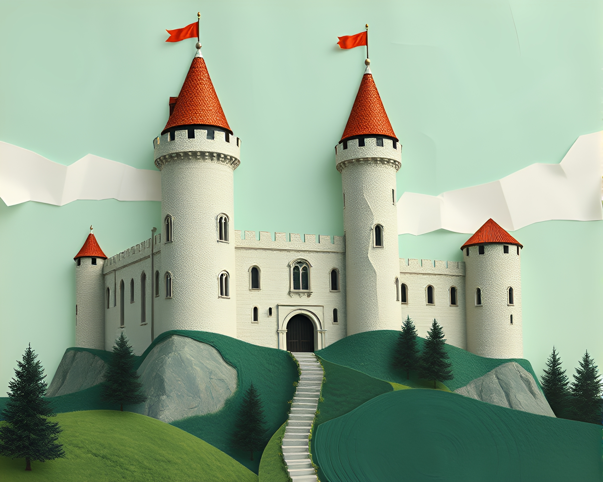 Castle Collage: Mint Green Paper Tears Dadaist Art – free AI stock image