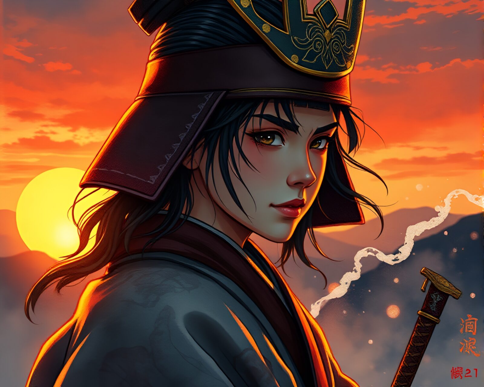 Illustration of a young samurai holding sword at sunset