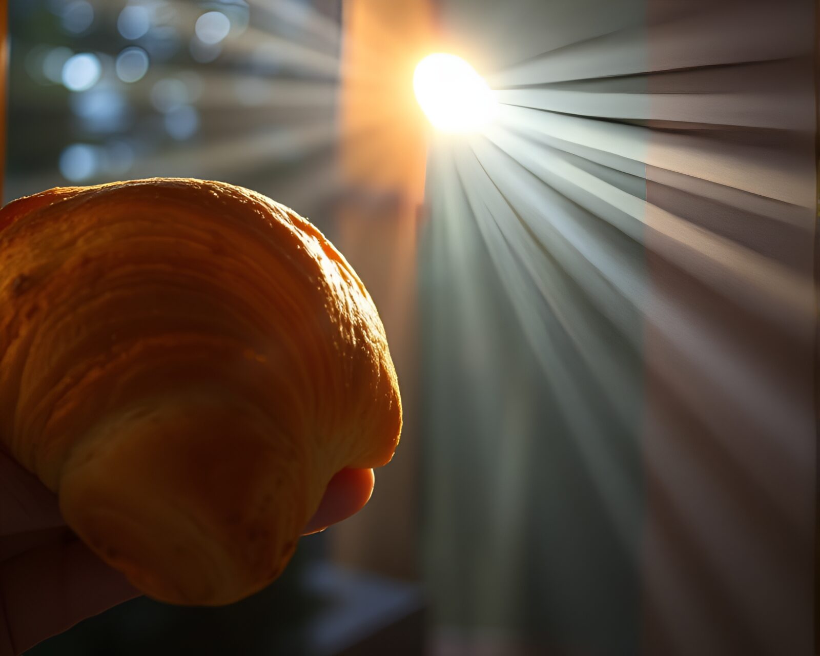 Glowing croissant pierced by laser beams in dramatic lighting