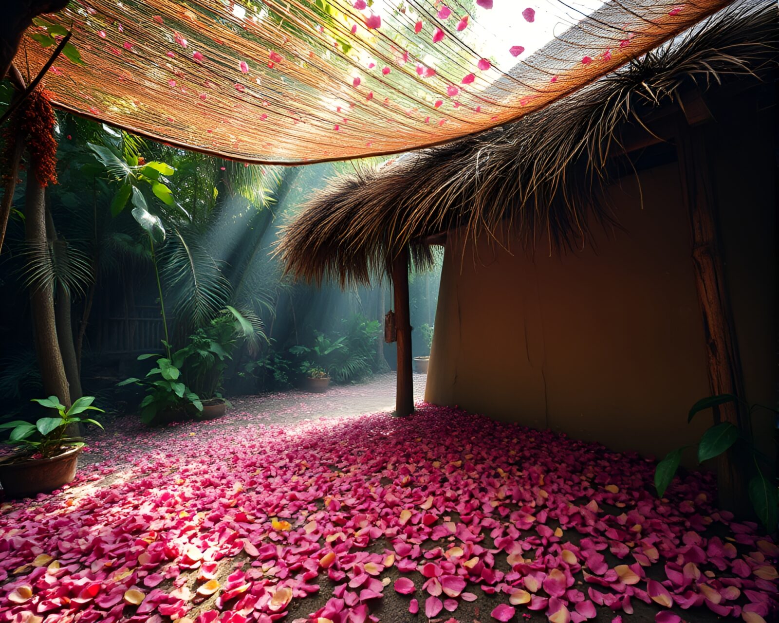 Lush jungle canopy shadows on flower petals near mud hut