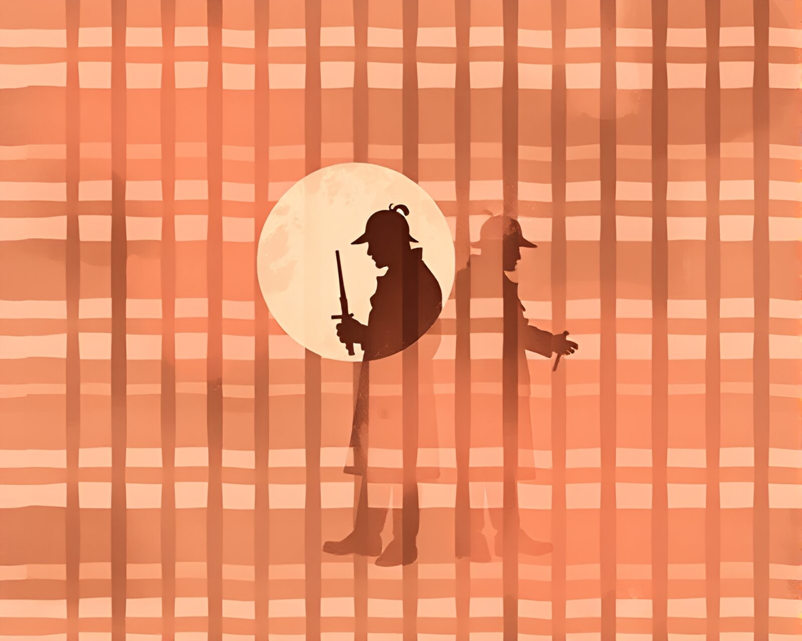 Sherlock Holmes silhouette in soft peach lighting with striped background